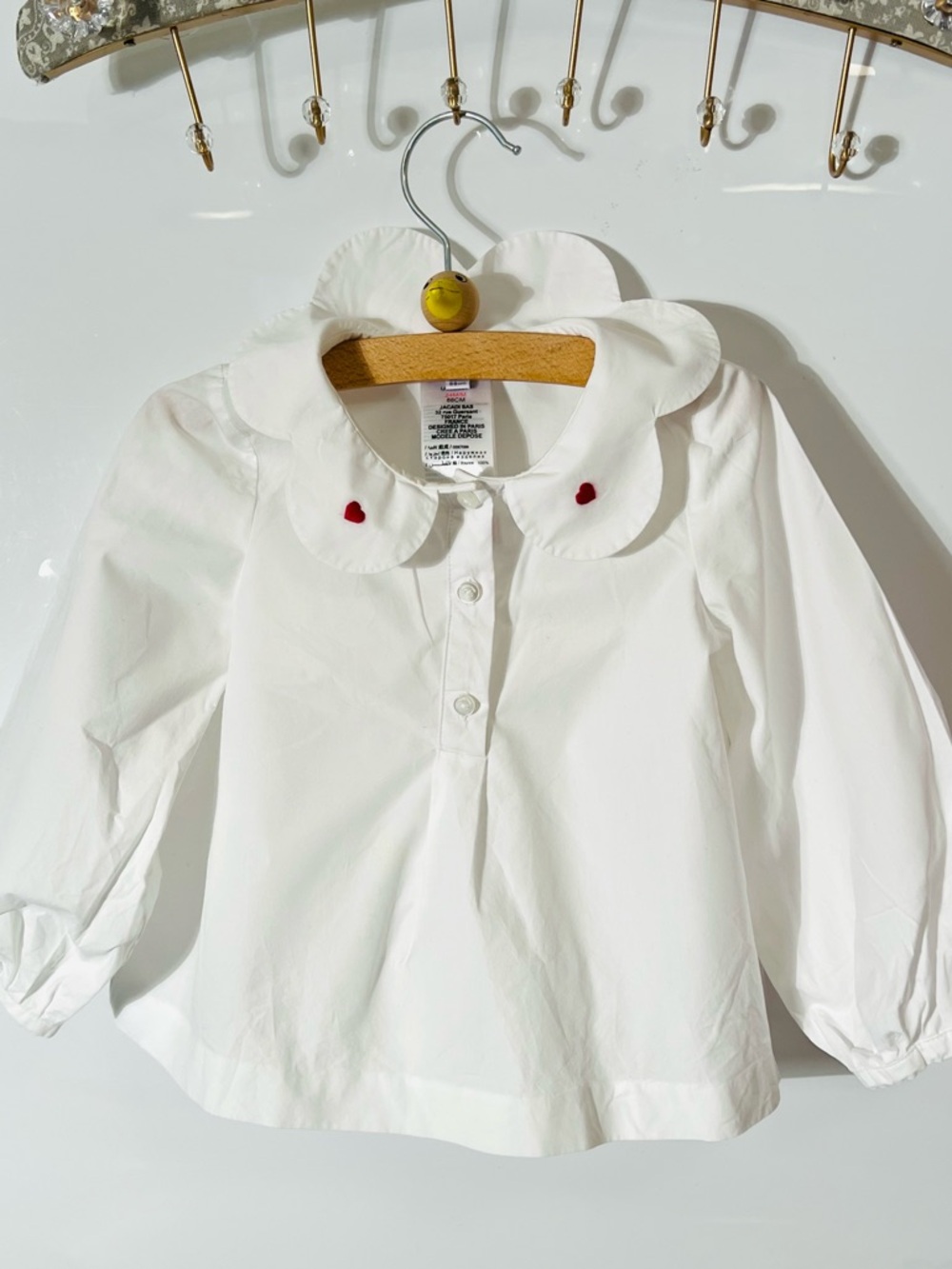 Jacadi Paris Girls White long-sleeved Shirt Peter Pan collar ❤️ design Size 24 M